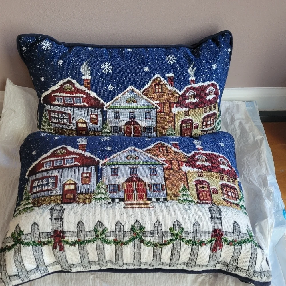 Two Christmas-Themed Tapestry Pillows Snowy Landscape Rectangle Blue Houses VTG